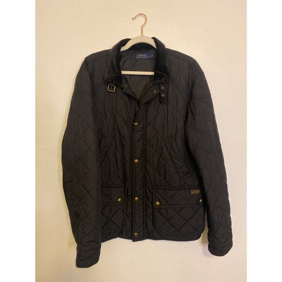 Polo Ralph Lauren Black Quilted Jacket w/ Corduroy Collar & Brass Accents Size L - Picture 1 of 11